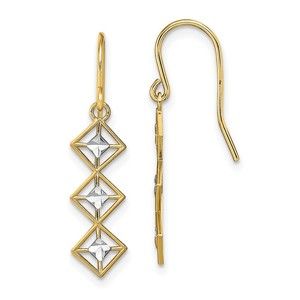 14K w/Rhodium Fancy Diamond-cut Dangle Wire Earrings